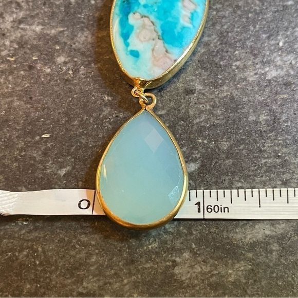 10K Gold Plated Stained Oval Shell Drop Earrings With Sage Glass Teardrop Dangle - Picture 7 of 9